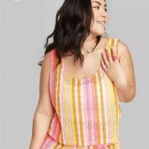 Wild Fable Openwork Crochet Knit Tank top Yellow/Pink Size L Boho Coachella